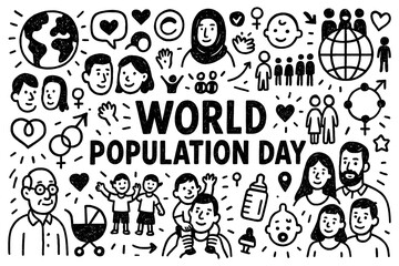 Naklejka premium World Population Day doodle composition with diverse families, globe, and community symbols, Transparent Background