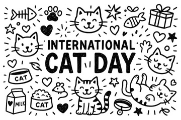International Cat Day doodle composition with cute cats, paw prints, and pet care icons, Transparent Background