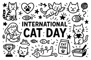 International Cat Day doodle composition with cute cats, paw prints, and pet care icons, Transparent Background