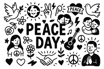 Peace Day doodle composition with doves, peace signs, earth, and harmony symbols, Transparent Background