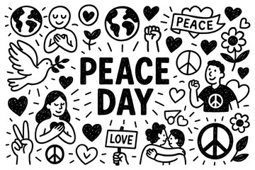 Peace Day doodle composition with doves, peace signs, earth, and harmony symbols, Transparent Background