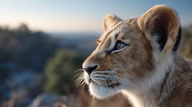 Close-up profile of a young lion cub gazing into the distance at sunrise
