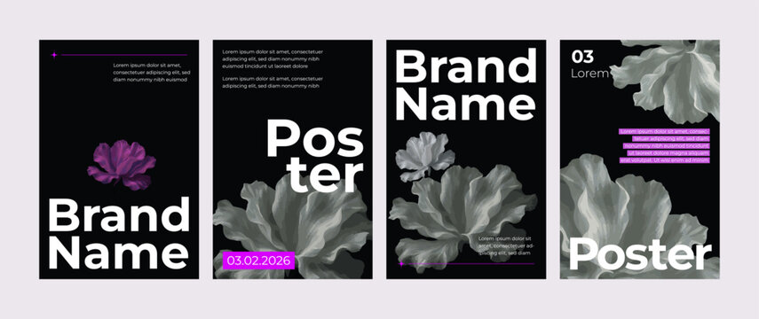 Elegant floral poster set with abstract flowers on black background. Vector illustration for branding, advertising, fashion or minimalist design projects. - Powered by Adobe