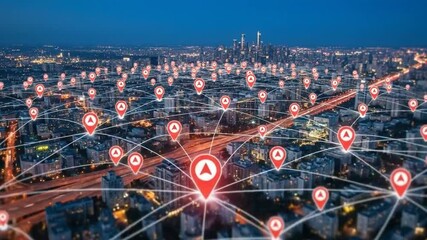 Technological network overlaying a modern city with illuminated location pins, depicting global navigation, smart urban infrastructure, and digital connectivity - Powered by Adobe