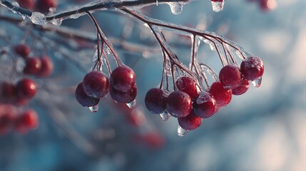 frozen berries hanging from icy branch,