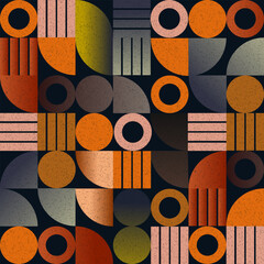 Bauhaus Seamless Pattern: Abstract Geometric Circles, Halftones, and Stripes in Autumn Colors
