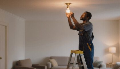 Black man changing light bulb while standing on ladder in living room