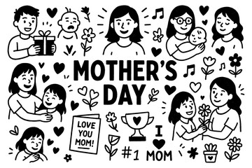 Mother's Day doodle composition with happy family, children, flowers, and hearts, Transparent Background