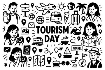 World Tourism Day doodle composition with travelers, landmarks, maps, and vacation icons, Transparent Background
