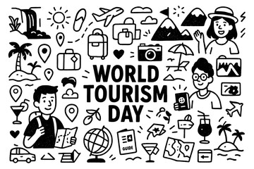 World Tourism Day doodle composition with travelers, landmarks, maps, and vacation icons, Transparent Background
