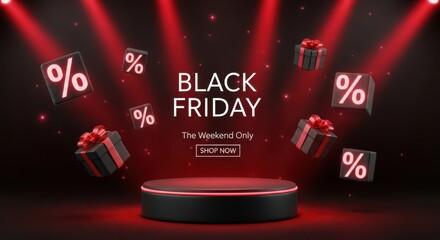 Black friday sale event with gifts and percentage signs on a dark background with red spotlights, promoting discounts and shopping