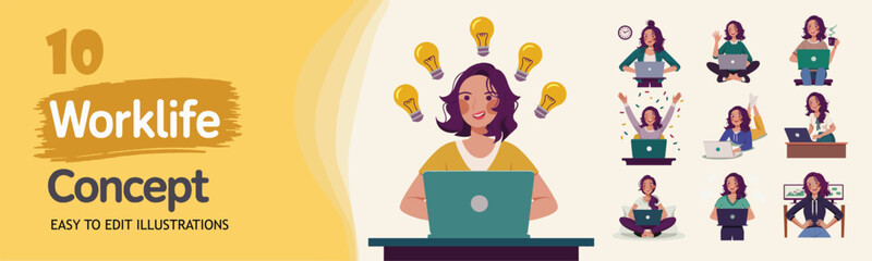 Worklife Concept illustrations. Mega set. Collection of women working remotely, using laptops, brainstorming, multitasking, and celebrating success. Modern flat vector style.