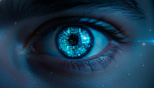 Futuristic cybernetic eye reflecting glowing digital circuits, symbolizing advanced technology, AI, and data analysis in a modern, innovative concept.