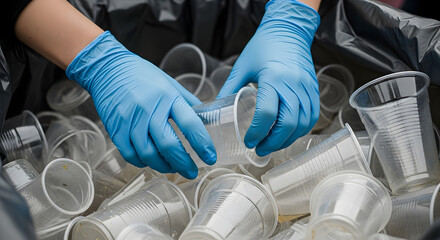 Hands in blue gloves picking up plastic cups from a trash bag, environmental concerns, proper waste disposal and recycling initiatives, plastic waste reduction, human impact on environment