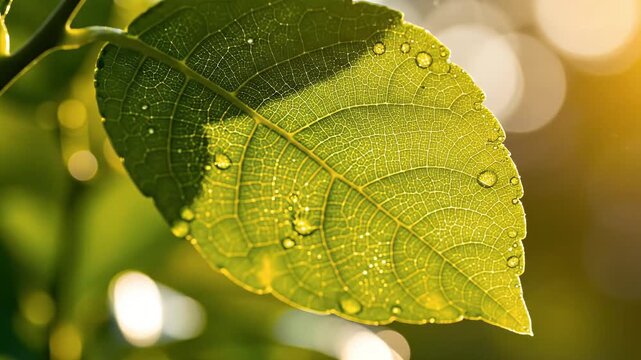 Close-up of a vibrant green leaf adorned with sparkling water droplets, brilliantly illuminated by the gentle golden light of morning, capturing the essence of fresh nature and natural beauty
