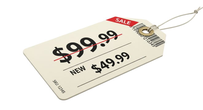 Discounted Products price tag showing crossed-out price concept of on transparent background  