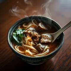 Steaming bowl of savory beef noodle soup with fresh green herbs on a wooden surface