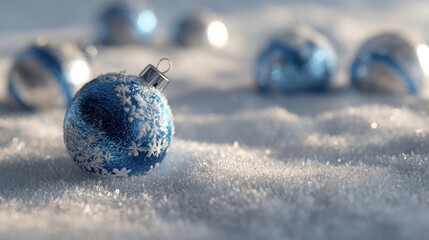frozen Christmas baubles on snow bed,