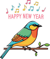 Colorful bird singing happy new year with music notes