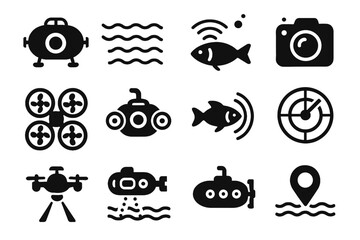 Sonar navigation drone camera icon vector spotlight underwater fish submarine seabed icons