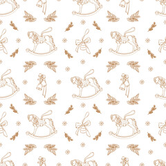 Fototapeta premium Retro style seamless background, Christmas and New Years wrapping paper. Vintage pattern with Christmas decorations, a rocking horse, bells, and fir branches. Vector wallpaper in gold on a white