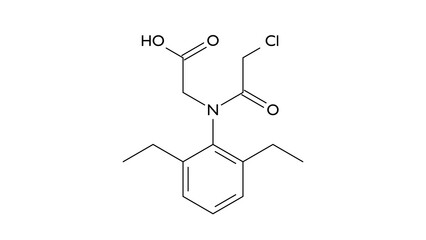 diethatyl molecule, structural chemical formula, ball-and-stick model, isolated image herbicide