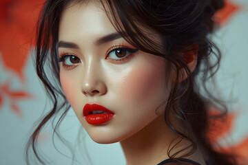 a surreal and vibrant cinematic photo of an Asian fashion model.