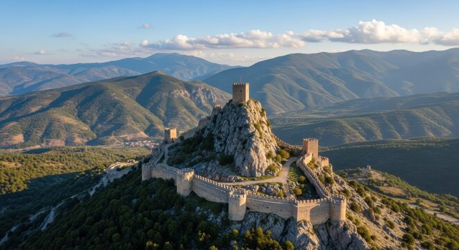 Poenari Citadel perched high on mountain ridge with landscape backdrop