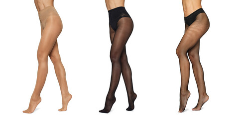 collection of different pantyhose on sexy long fit woman legs isolated on white background.