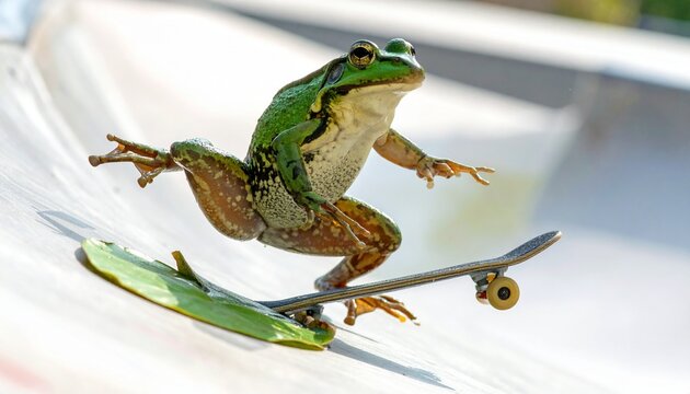 A comical green frog in a dynamic action pose, skillfully balancing on a tiny skateboard as it rides down a skate ramp