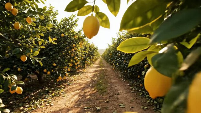 Sun-kissed ripe lemons hanging on branches in a beautiful orchard with a pathway between the rows of trees