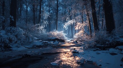 frozen forest stream glowing under lights,