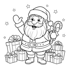 Jolly Santa Claus with Christmas Gifts and Candy Cane Line Art