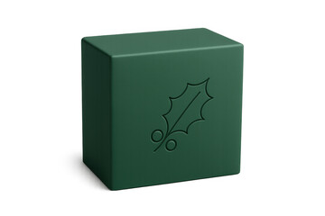 Fototapeta premium Green cube with embossed holly leaf icon representing christmas holiday season symbol, transparent background