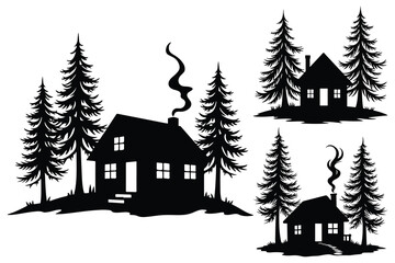 Obraz premium Black silhouette cabins and pine trees on white background