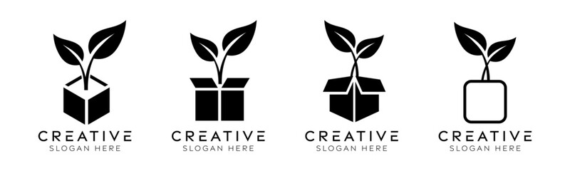 Set of box plants logo design templates. Modern isolated box with plants design for eco-friendly, logistics, and packaging.