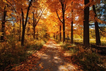 Fototapeta premium Autumn landscape with vibrant golden leaves, narrow pathway through a serene forest, warm sunlight creating a peaceful atmosphere, fallen leaves carpet enhancing nature's beauty