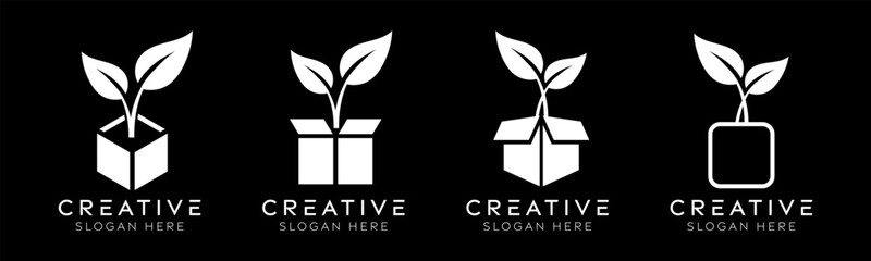 Set of box plants logo design templates. Modern isolated box with plants design for eco-friendly, logistics, and packaging.
