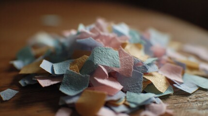 Pile of small pieces of paper scattered on a wooden surface. the paper pieces are in various colors, including blue, pink, yellow, and orange.