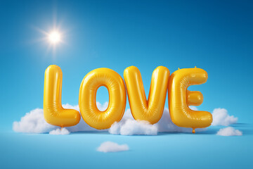 "LOVE" Word in Yellow Balloons Floating in a Bright Sunny Blue Sky with Clouds - Romance and Happiness Concept