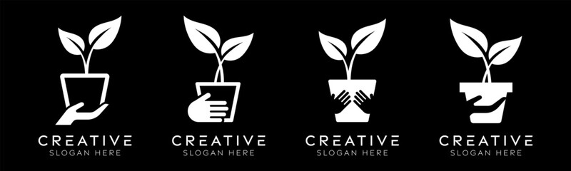 Set of giving plants logo design templates. Modern isolated hand care with plants design for eco-friendly, care and nature.