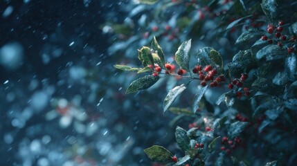 frozen holly branches under starlit sky,
