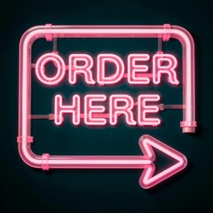 Retro "Order Here" bent neon sign with arrow on dark solid background