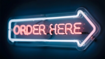 "ORDER HERE" bent neon text framed by blue neon arrow on dark wall, online shopping banner