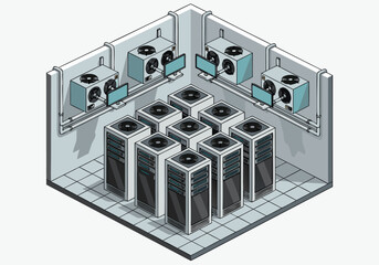 Isometric illustration of a modern data center server room, featuring rows of powerful computer servers and cooling units, emphasizing network infrastructure and information technology