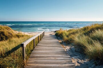 Obraz premium Wooden pathway leading to serene beach with ocean waves and clear blue sky, surrounded by lush green grass and shrubs, perfect for promoting relaxation and nature-themed travel