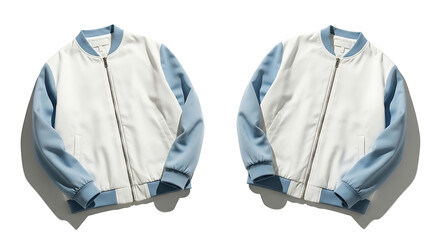 Two white and light blue bomber jackets with zippers on a white background studio shot