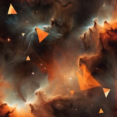 Vibrant orange triangles overlay a dense cosmic nebula filled with stars and swirling gas clouds