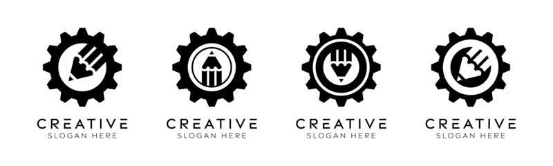 Set of gear pencil logo design templates. Modern isolated gear with pencil design for mechanics, technology, and education.