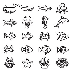 Fototapeta premium Various Sea Creatures Outline Icons Collection Marine Animals Vector Illustration